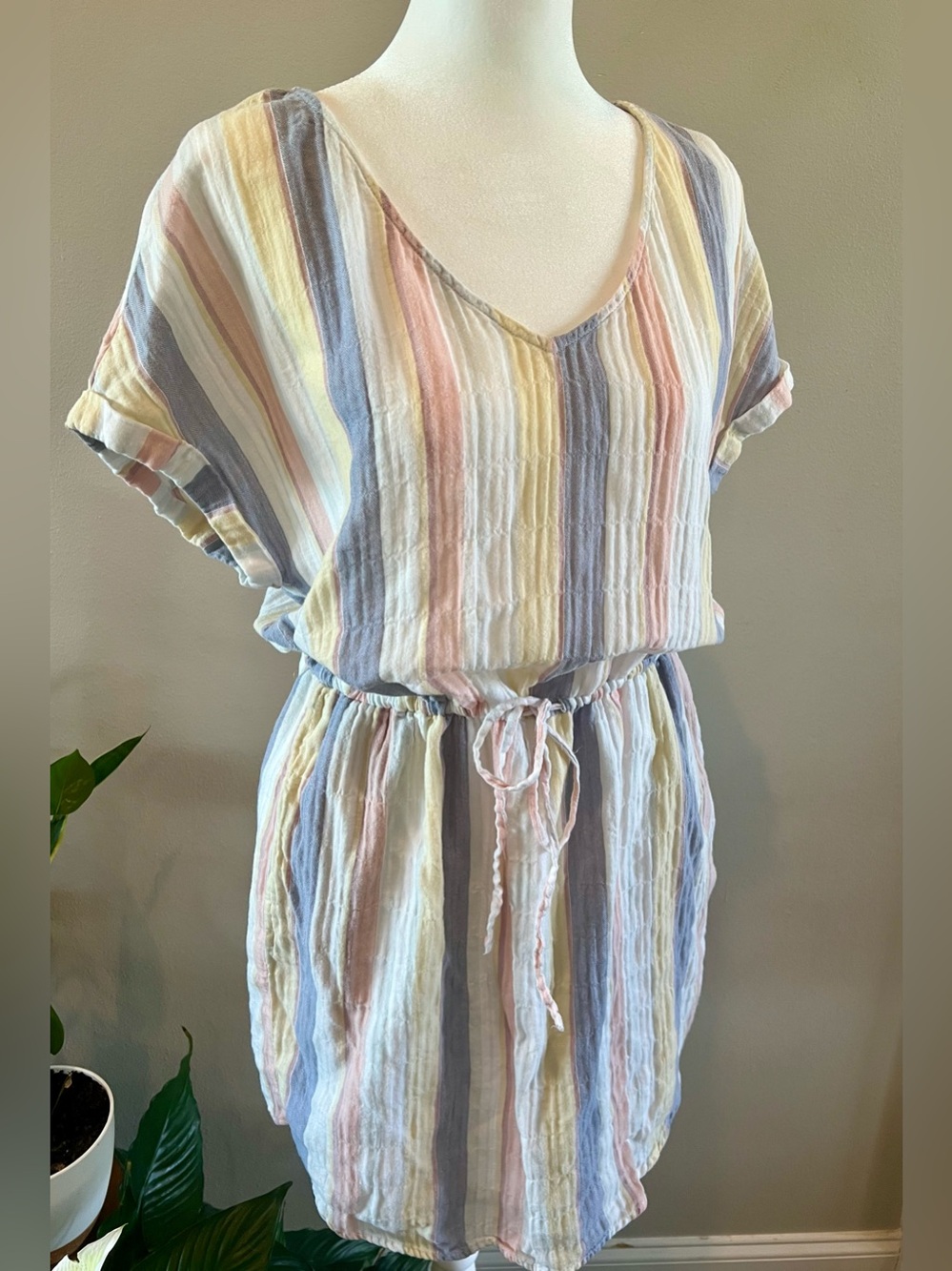 a.n.a Pastel Cotton Casual Striped V-Neck Relaxed Dress with Drawstrings, Liner.
